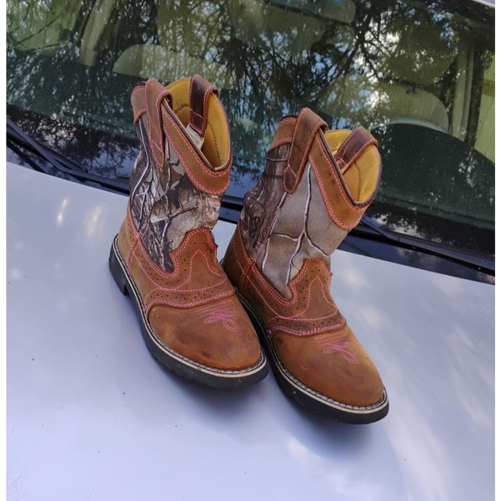 Itasca Youth girls Buckaroo Realtree Camo Brown Leather Cowboy Boots Sz 4